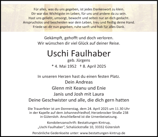 Traueranzeige von Uschi Faulhaber von Neue Westfälische und Westfalen-Blatt