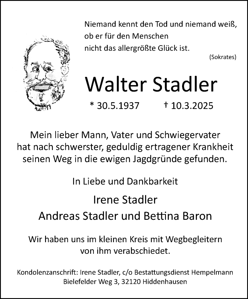  Traueranzeige für Walter Stadler vom 05.04.2025 aus Neue Westfälische und Westfalen-Blatt
