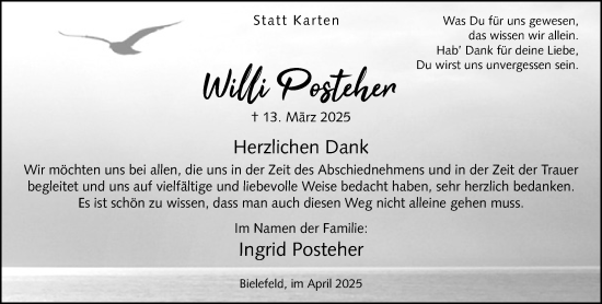Traueranzeige von Will Posteher von Neue Westfälische und Westfalen-Blatt