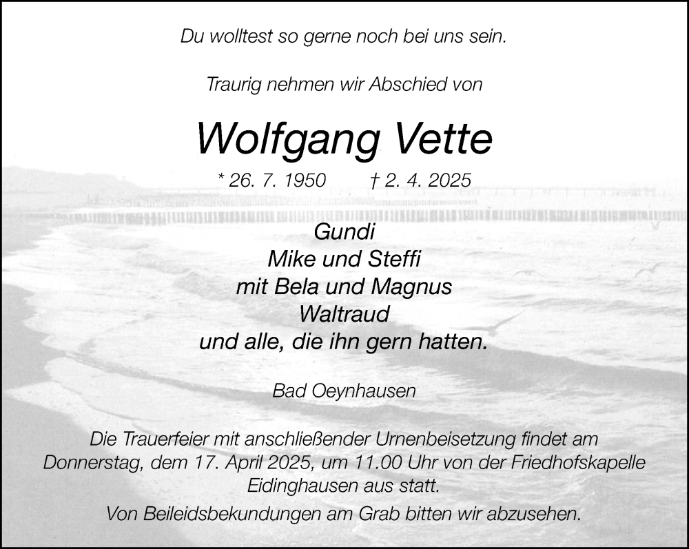  Traueranzeige für Wolfgang Vette vom 12.04.2025 aus Neue Westfälische und Westfalen-Blatt