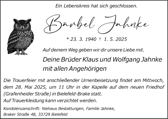 Traueranzeige von Bärbel Jahnke von Neue Westfälische und Westfalen-Blatt