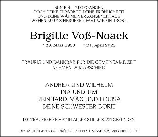 Traueranzeige von Brigitte Voß-Noack von Neue Westfälische und Westfalen-Blatt