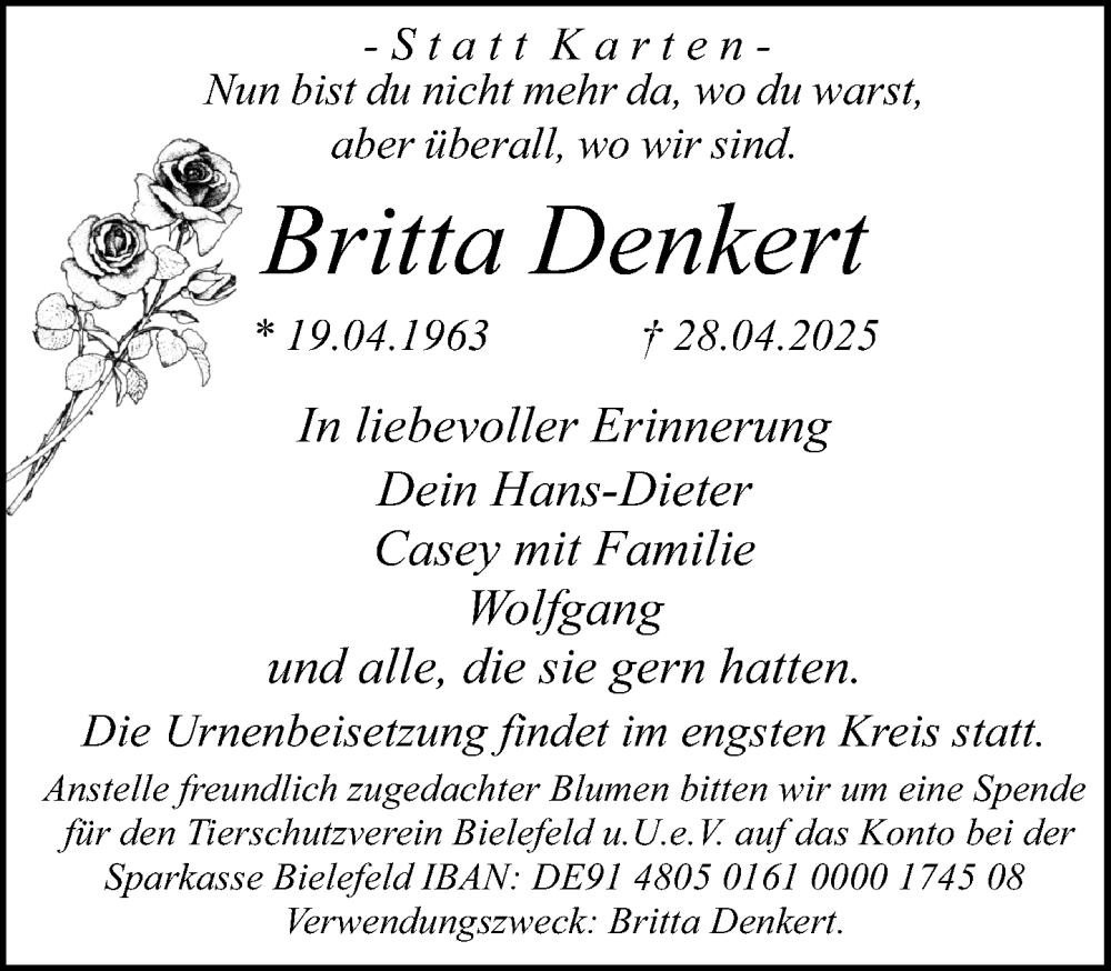  Traueranzeige für Britta Denkert vom 10.05.2025 aus Neue Westfälische und Westfalen-Blatt
