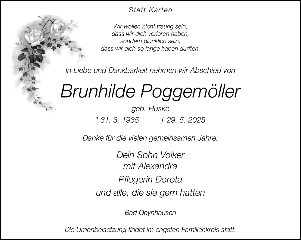 Traueranzeige für Brunhilde Poggemöller vom 31.05.2025 aus Neue Westfälische und Westfalen-Blatt