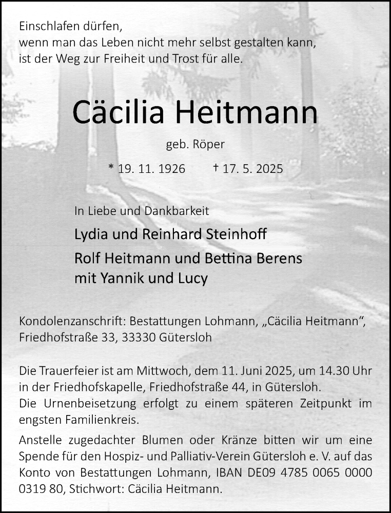  Traueranzeige für Cäcilia Heitmann vom 23.05.2025 aus Neue Westfälische und Westfalen-Blatt