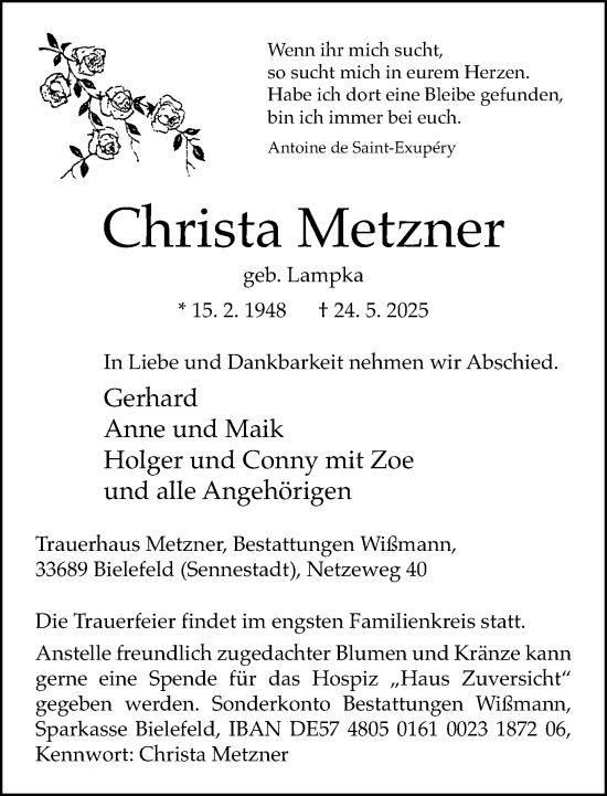 Traueranzeige von Christa Metzner von Neue Westfälische und Westfalen-Blatt