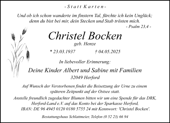 Traueranzeige von Christel Bocken von Neue Westfälische und Westfalen-Blatt