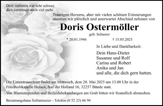 Traueranzeige von Doris Ostermöller von Neue Westfälische und Westfalen-Blatt