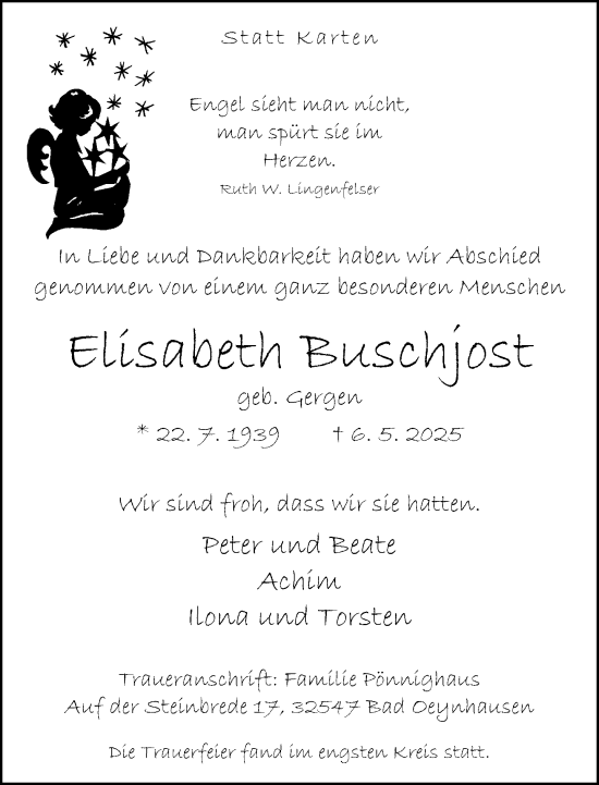 Traueranzeige von Elisabeth Buschjost von Neue Westfälische und Westfalen-Blatt
