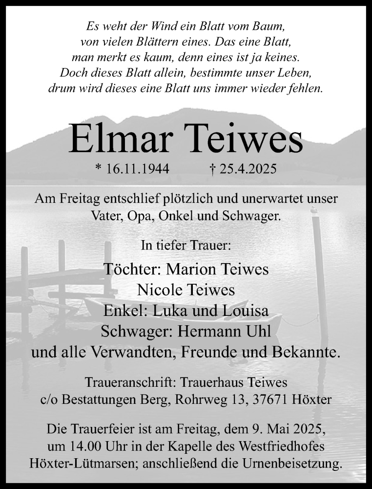  Traueranzeige für Elmar Teiwes vom 03.05.2025 aus Neue Westfälische und Westfalen-Blatt