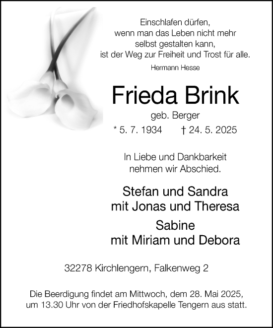 Traueranzeige von Frieda Brink von Neue Westfälische und Westfalen-Blatt