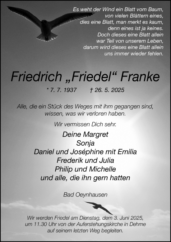 Traueranzeige von Friedrich Franke von Neue Westfälische und Westfalen-Blatt