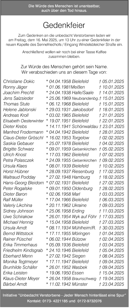  Traueranzeige für Gedenkfeier am 16.05.2025 vom 09.05.2025 aus Neue Westfälische und Westfalen-Blatt