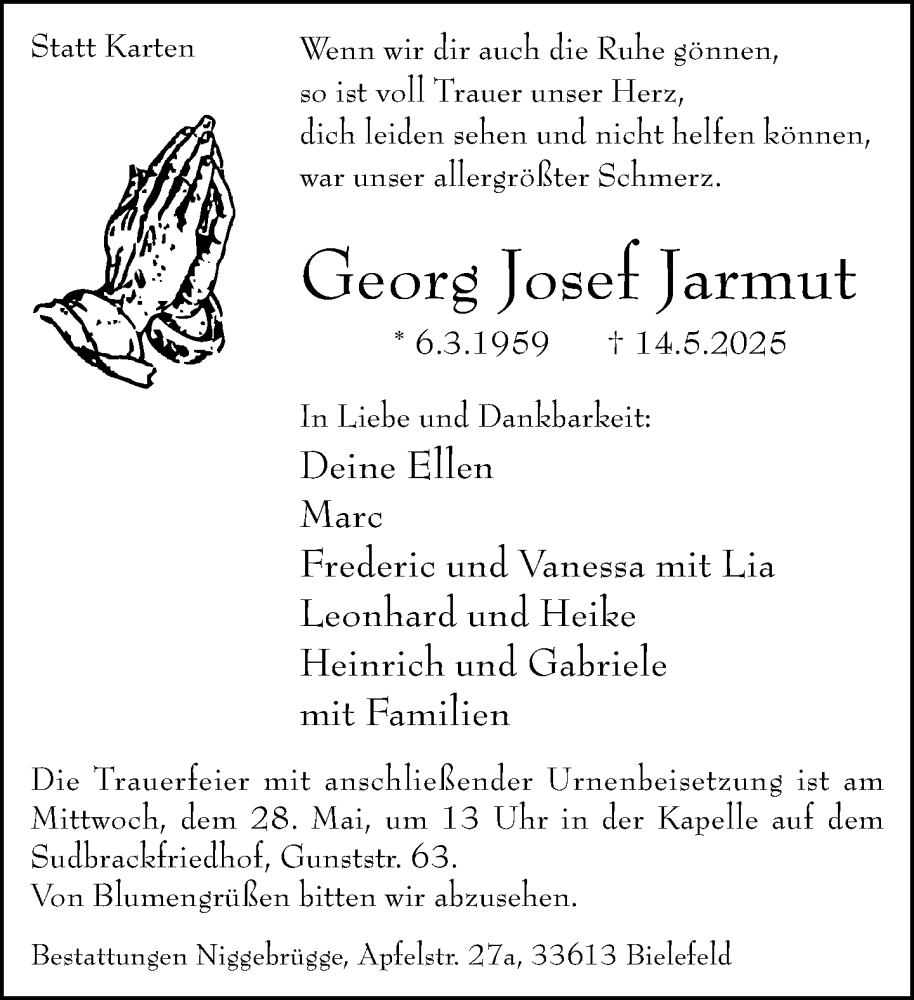 Traueranzeige für Georg Josef Jarmut vom 17.05.2025 aus Neue Westfälische und Westfalen-Blatt