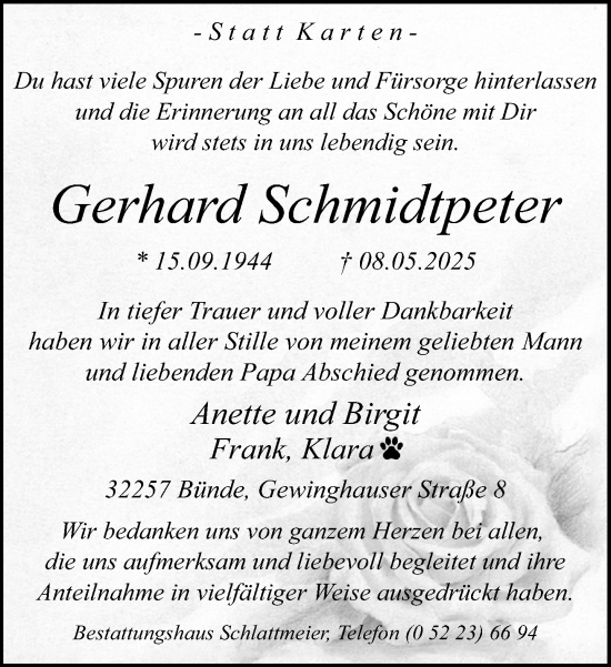 Traueranzeige von Gerhard Schmidtpeter von Neue Westfälische und Westfalen-Blatt