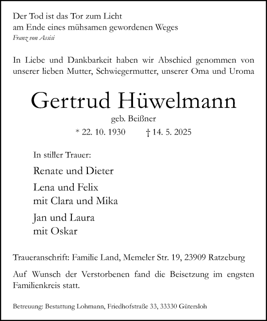 Traueranzeige von Gertrud Hüwelmann von Neue Westfälische und Westfalen-Blatt