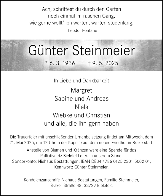 Traueranzeige von Günter Steinmeier von Neue Westfälische und Westfalen-Blatt