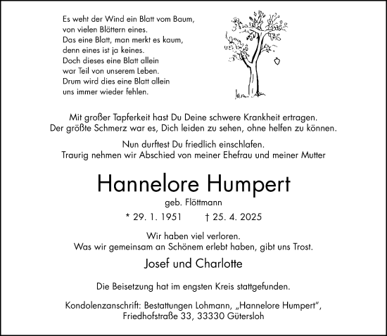 Traueranzeige von Hannelore Humpert von Neue Westfälische und Westfalen-Blatt