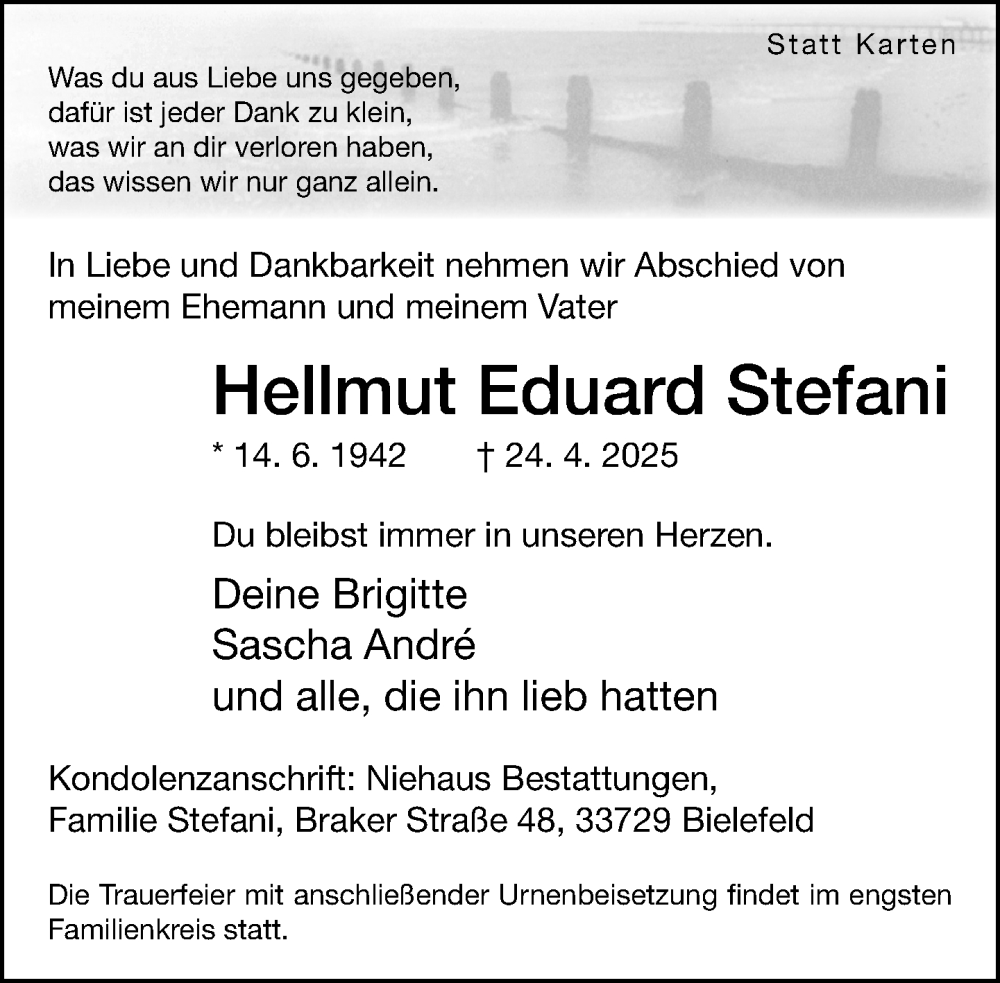  Traueranzeige für Hellmut Eduard Stefani vom 03.05.2025 aus Neue Westfälische und Westfalen-Blatt