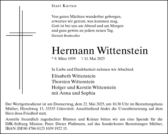 Traueranzeige von Hermann Wittenstein von Neue Westfälische und Westfalen-Blatt