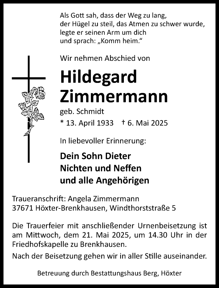  Traueranzeige für Hildegard Zimmermann vom 10.05.2025 aus Neue Westfälische und Westfalen-Blatt