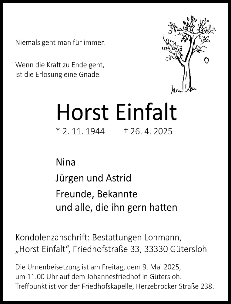 Traueranzeige für Horst Einfalt vom 03.05.2025 aus Neue Westfälische und Westfalen-Blatt