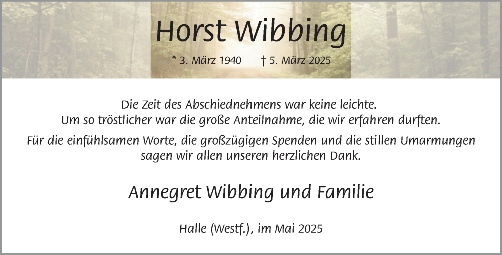  Traueranzeige für Horst Wibbing vom 03.05.2025 aus Neue Westfälische und Westfalen-Blatt