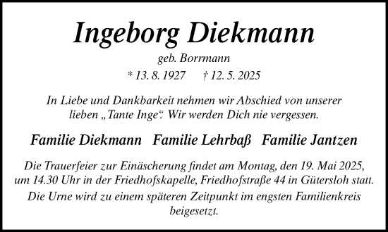 Traueranzeige von Ingeborg Diekmann von Neue Westfälische und Westfalen-Blatt