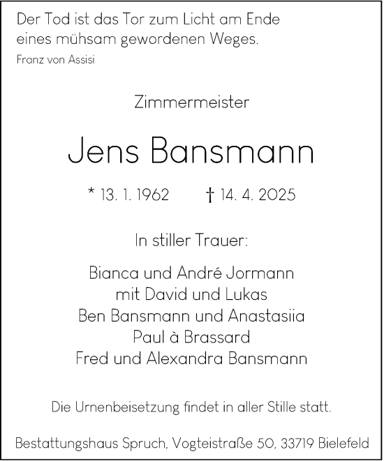 Traueranzeige von Jens Bansmann von Neue Westfälische und Westfalen-Blatt