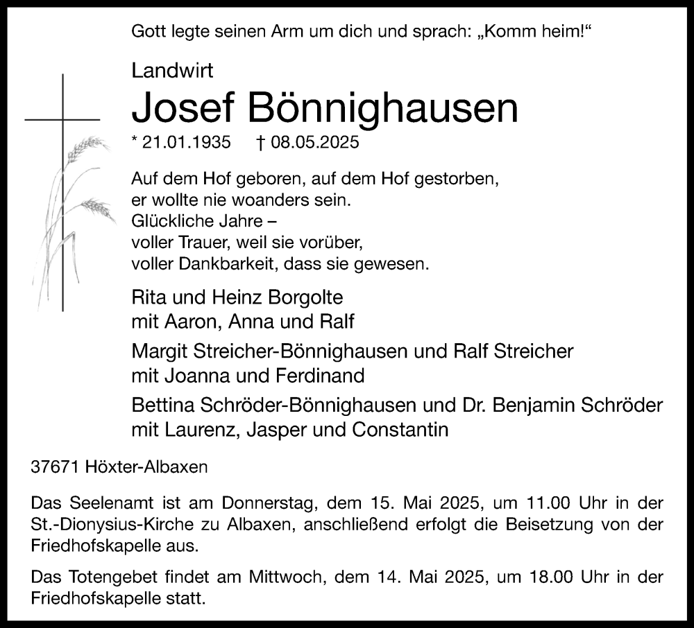  Traueranzeige für Josef Bönnighausen vom 10.05.2025 aus Neue Westfälische und Westfalen-Blatt