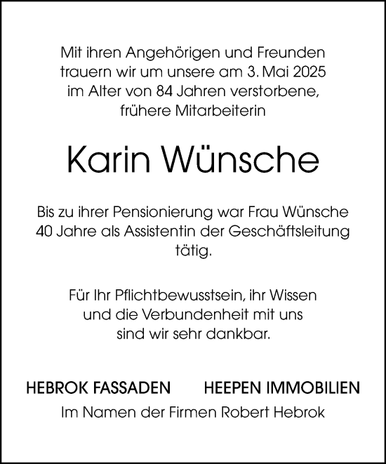 Traueranzeige von Karin Wünsche von Neue Westfälische und Westfalen-Blatt