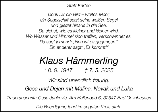 Traueranzeige von Klaus Hämmerling von Neue Westfälische und Westfalen-Blatt