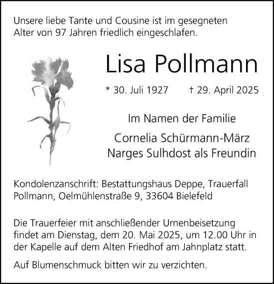 Traueranzeige von Lisa Pollmann von Neue Westfälische und Westfalen-Blatt
