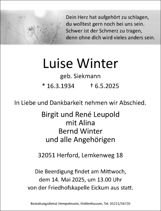 Traueranzeige von Luise Winter von Neue Westfälische und Westfalen-Blatt