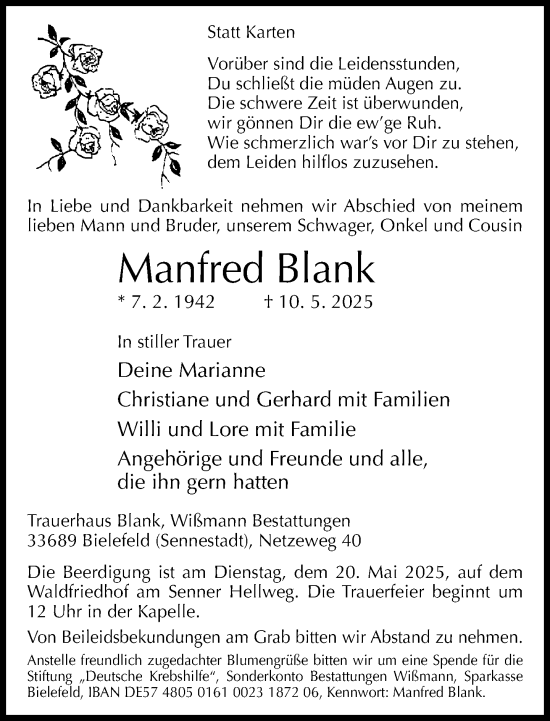 Traueranzeige von Manfred Blank von Neue Westfälische und Westfalen-Blatt