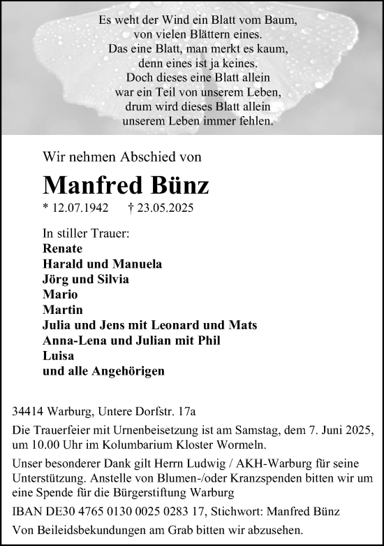 Traueranzeige von Manfred Bünz von Neue Westfälische und Westfalen-Blatt