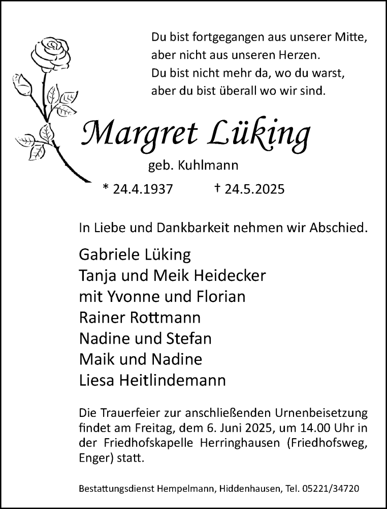  Traueranzeige für Margret Lüking vom 31.05.2025 aus Neue Westfälische und Westfalen-Blatt