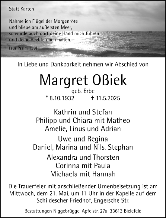 Traueranzeige von Margret Oßiek von Neue Westfälische und Westfalen-Blatt