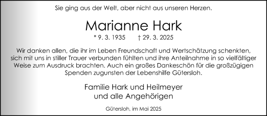 Traueranzeige von Marianne Hark von Neue Westfälische und Westfalen-Blatt
