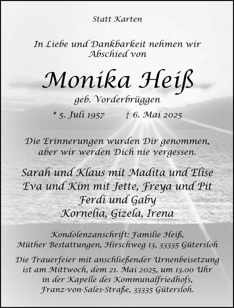  Traueranzeige für Monika Heiß vom 10.05.2025 aus Neue Westfälische und Westfalen-Blatt