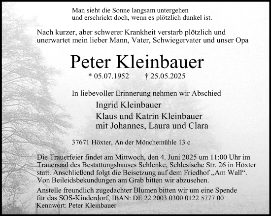 Traueranzeige von Peter Kleinbauer von Neue Westfälische und Westfalen-Blatt