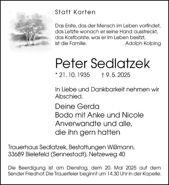 Traueranzeige von Peter Sedlatzek von Neue Westfälische und Westfalen-Blatt