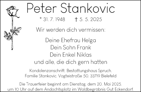 Traueranzeige von Peter Stankovic von Neue Westfälische und Westfalen-Blatt