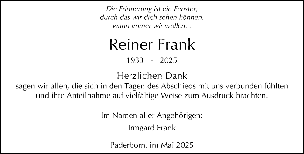  Traueranzeige für Reiner Frank vom 03.05.2025 aus Neue Westfälische und Westfalen-Blatt