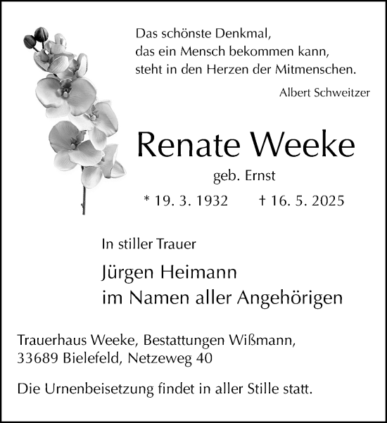 Traueranzeige von Renate Weeke von Neue Westfälische und Westfalen-Blatt