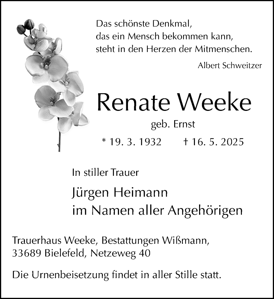  Traueranzeige für Renate Weeke vom 24.05.2025 aus Neue Westfälische und Westfalen-Blatt