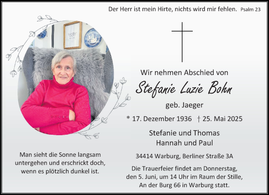 Traueranzeige von Stefanie Luzie Bohn von Neue Westfälische und Westfalen-Blatt