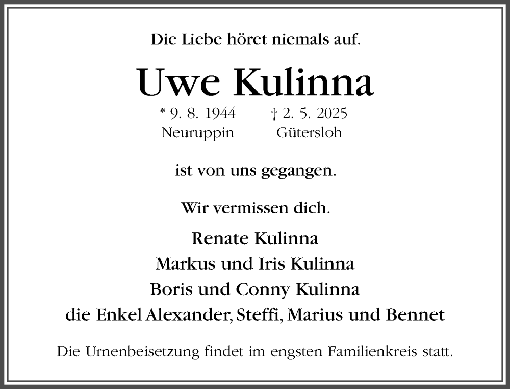  Traueranzeige für Uwe Kulinna vom 10.05.2025 aus Neue Westfälische und Westfalen-Blatt