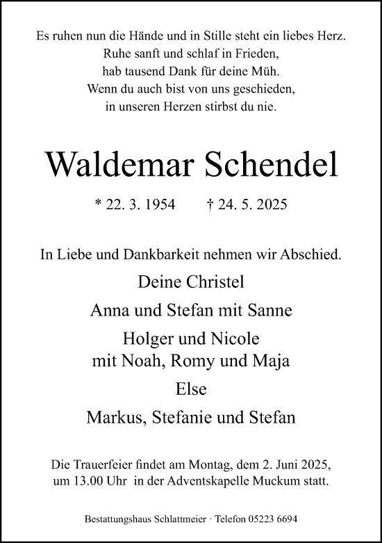 Traueranzeige von Waldemar Schendel von Neue Westfälische und Westfalen-Blatt