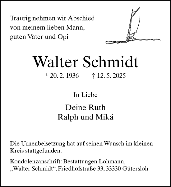 Traueranzeige von Walter Schmidt von Neue Westfälische und Westfalen-Blatt